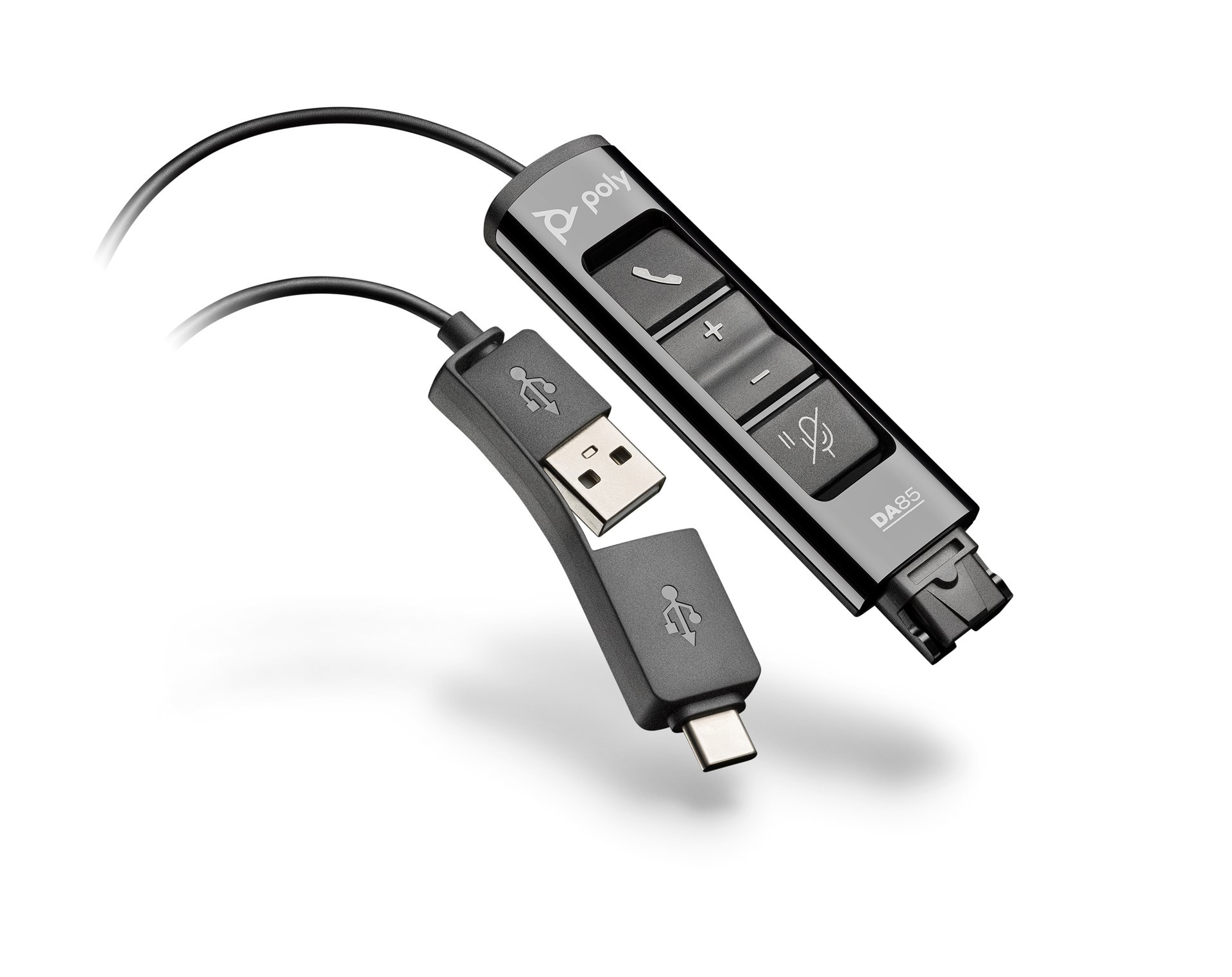 PO-218267-01 Poly DA85 is een USB-A & USB-C-adapter voor alle Plantronics (Poly) Quick Disconnect (QD)-headsets (inclusief de SHR2083-01).