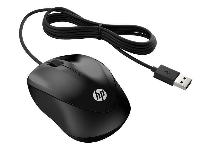 HP-4QM14AA Bedrade HP 1000 muis met kabel: ergonomisch symmetrisch ontwerp, optische sensor (1000 dpi), drie knoppen en plug-and-play USB-A voor vloeiende, precieze navigatie.