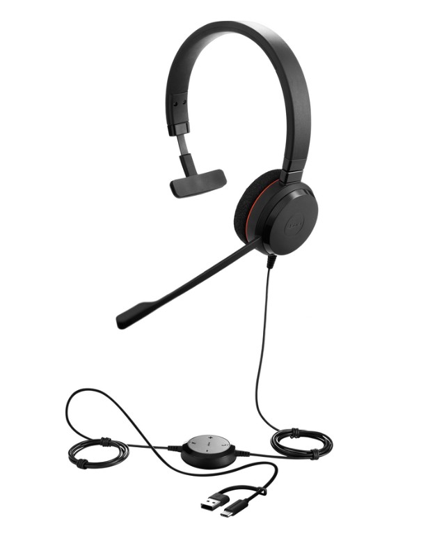 JA-4993-823-169 Bedrade Jabra Evolve 20 USB-A/C-headset: stereo-audio, noise-cancelling microfoon, inline bediening en zachte oorkussens voor heldere gesprekken op PC, Mac en mobiele apparaten.
