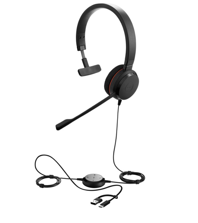 JA-4993-829-469 Bedrade Jabra Evolve 20 SE USB-A/C headset: stereo-audio, noise-cancelling microfoon, inline bediening en ergonomische oorkussens voor heldere gesprekken en all-day comfort.